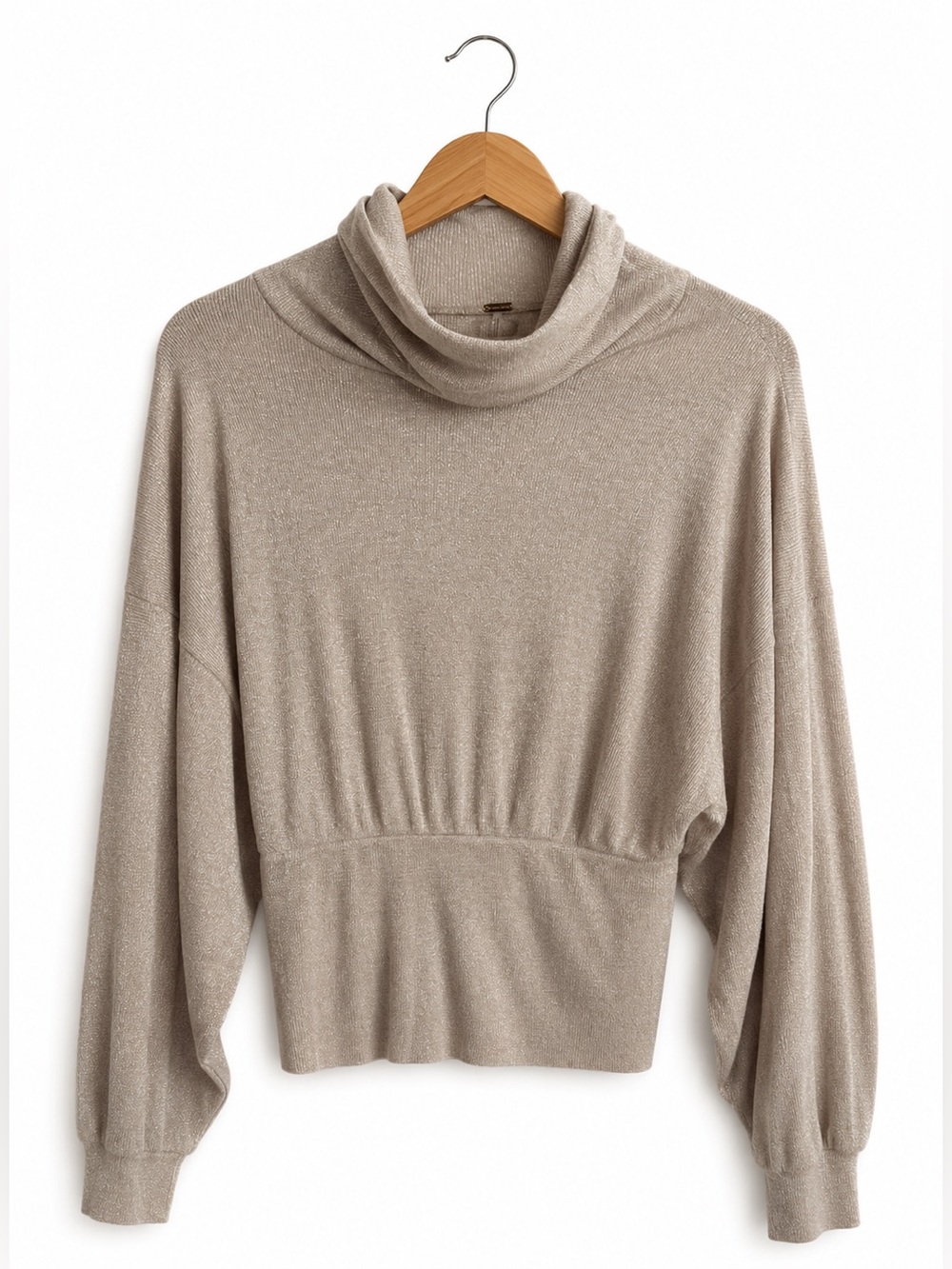 Free People Shimmery Metallic Gold  Tan Cowl Neck Knit Top XS Boho Glam Feminine